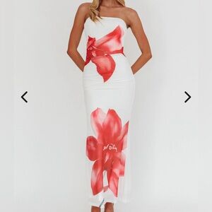 Selfie Leslie Strapless White Dress with Red Floral Design